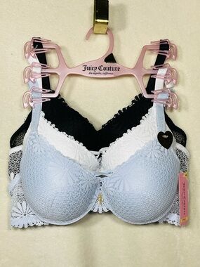 NWT JUICY COUTURE 3pc Sexy Extreme Push-Up Lace Bra - Light Blue, White, Black